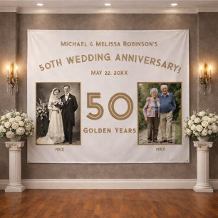 Elegant Ivory and Gold 50th Anniversary Banner Tapestry