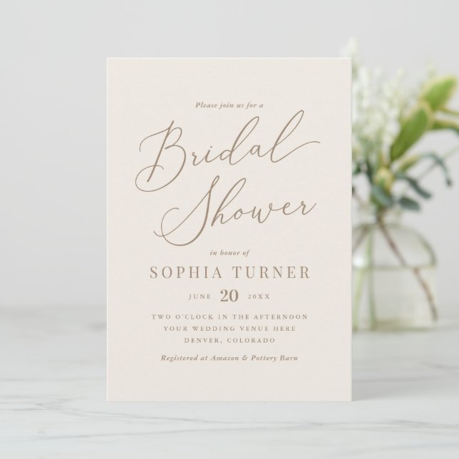 Elegant Ivory and Gold Calligraphy Bridal Shower Invitation (Standing Front)
