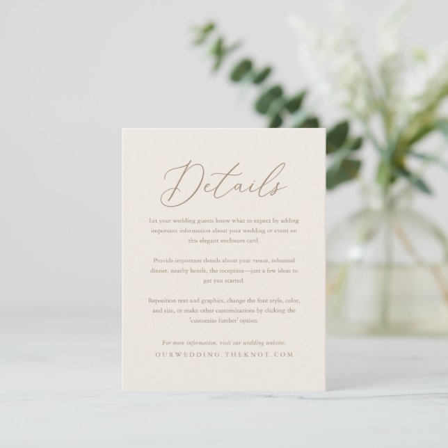 Elegant Ivory and Gold Calligraphy Wedding Details Enclosure Card (Standing Front)