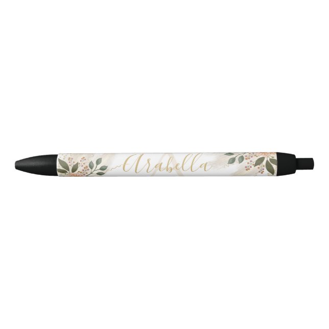 Elegant Ivory And Gold Floral Monogram Black Ink Pen (Front)