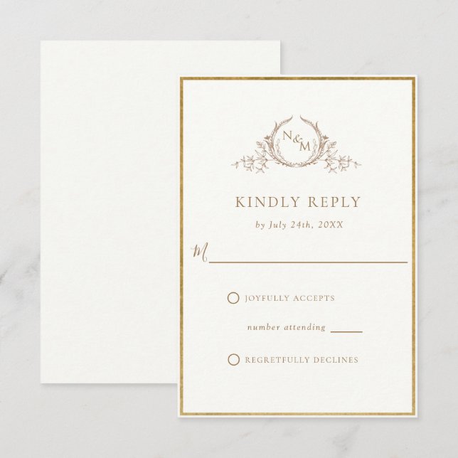 Elegant Ivory and Gold Monogram Wedding RSVP (Front/Back)