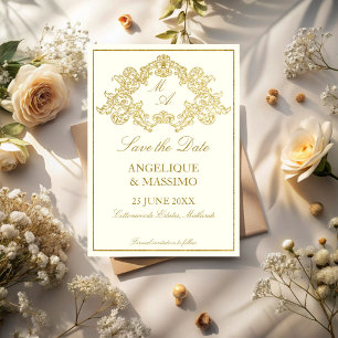 Elegant ivory and gold vintage wedding save the date