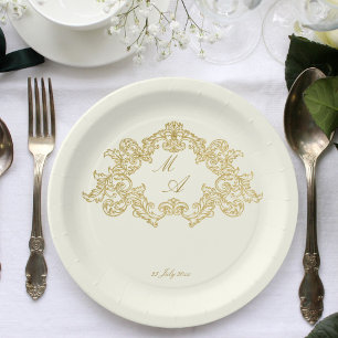 Elegant ivory and gold vintage wedding template paper plate