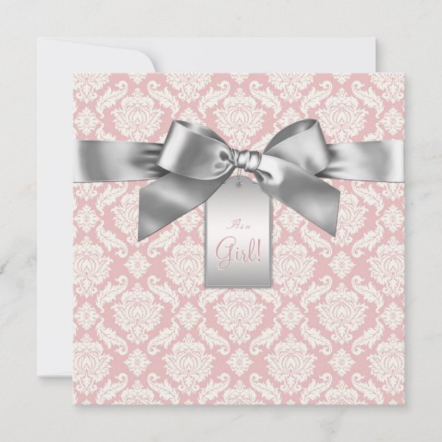 Elegant Ivory and Pink Damask Baby Shower Invitation (Front)
