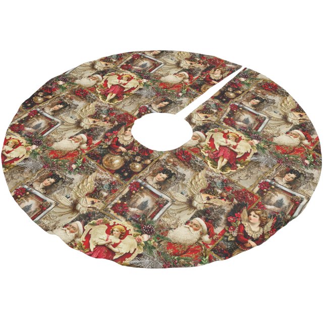Elegant Ivory and Red Victorian Christmas Collage Brushed Polyester Tree Skirt (Angled)