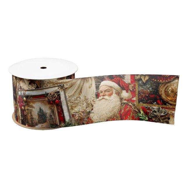 Elegant Ivory and Red Victorian Christmas Collage Satin Ribbon (Spool)