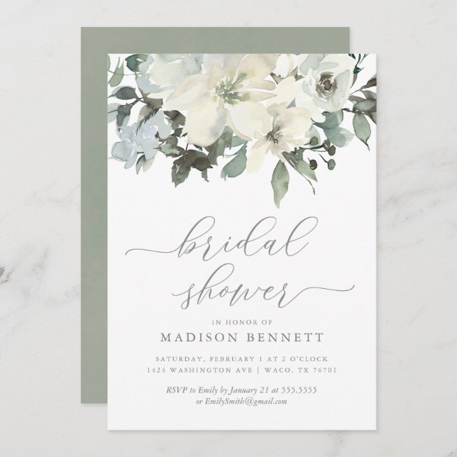 Elegant Ivory and Sage Floral  Bridal Shower Invitation (Front/Back)