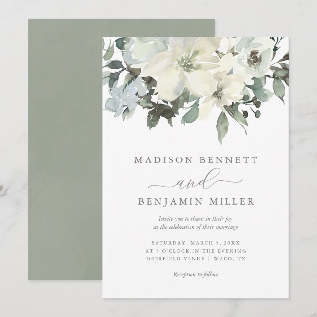 Elegant Ivory and Sage Floral Greenery Wedding Invitation (Front/Back)