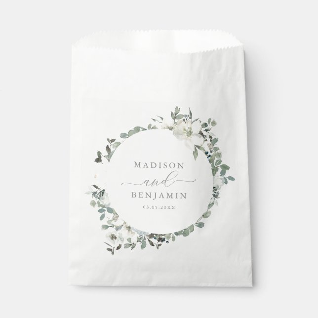 Elegant Ivory and Sage Floral Wedding Favour Bag (Front)