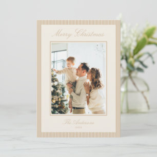 Elegant Ivory and Tan Stripes Christmas Photo Holiday Card