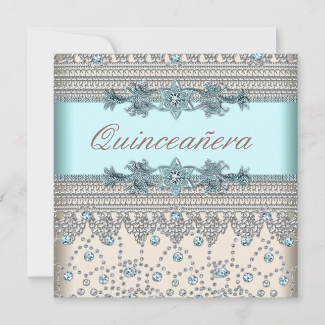 Elegant Ivory and Teal Blue Quinceanera Invitation (Front)