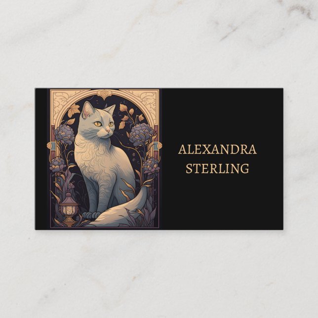 Elegant Ivory Art Nouveau Feline Personalised Business Card (Front)