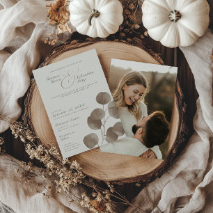 Elegant Ivory & Ash Fall Botanical Photo Wedding Invitation