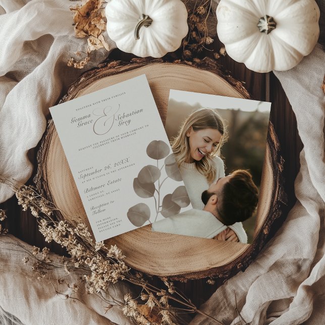 Elegant Ivory & Ash Fall Botanical Photo Wedding Invitation (Creator Uploaded)
