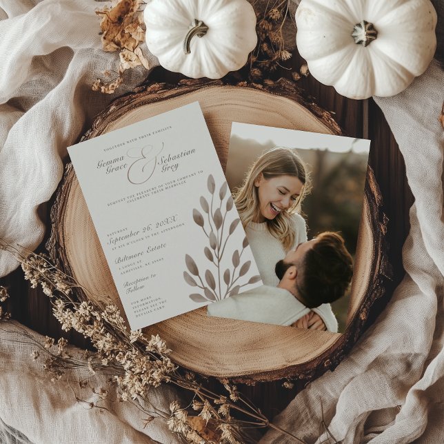 Elegant Ivory & Ash Fall Botanical Photo Wedding Invitation (Creator Uploaded)