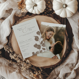 Elegant Ivory & Ash Fall Botanical Photo Wedding Invitation