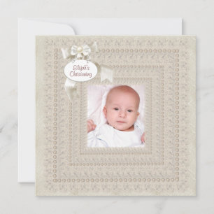 Elegant Ivory Beige Boy Photo Christening Invitation