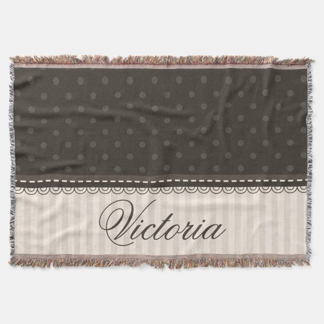 Elegant Ivory Beige Brown Polka Dots Custom Design Throw Blanket (Front)