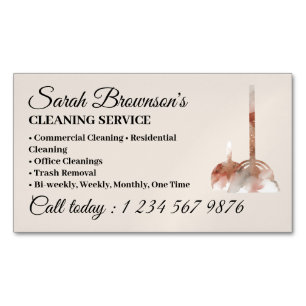 Elegant Ivory Beige Script Broom House Cleaning Magnetic Business Card