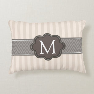 Elegant Ivory Beige Stripes Brown Custom Monogram Decorative Cushion