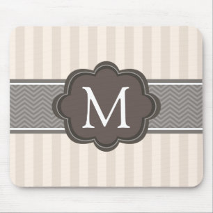 Elegant Ivory Beige Stripes Brown Custom Monogram Mouse Mat