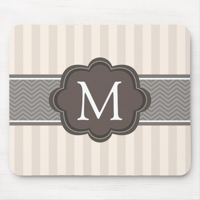 Elegant Ivory Beige Stripes Brown Custom Monogram Mouse Mat (Front)