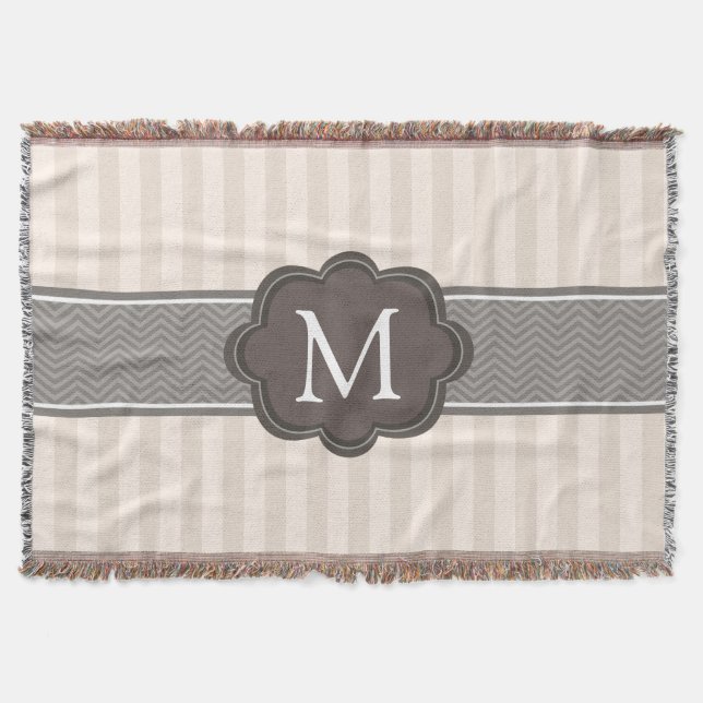 Elegant Ivory Beige Stripes Brown Custom Monogram Throw Blanket (Front)