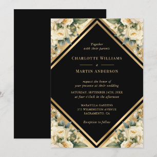 Elegant Ivory Black Gold Geometric Floral Wedding Invitation