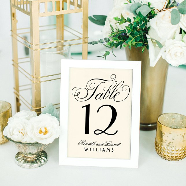Elegant Ivory Black Script Monogram Wedding Table Number (Creator Uploaded)