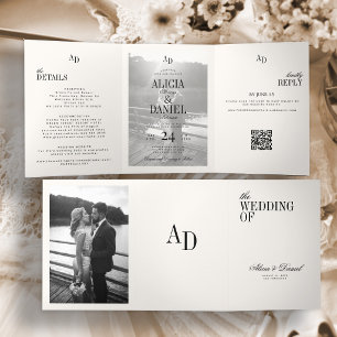 Elegant ivory black wedding photo RSVP all in one Tri-Fold Invitation