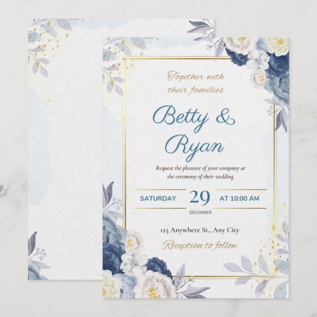 Elegant Ivory & Blue Floral Wedding Invitation  (Front/Back)