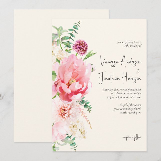 Elegant Ivory Blush Pink Floral Script Invitation (Front/Back)