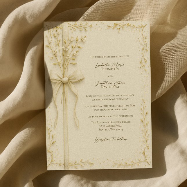 Elegant Ivory Bow and Botanical Floral Wedding Invitation (Creator Uploaded)