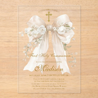 Elegant Ivory Bow First Holy Communion Girl Acrylic Invitations