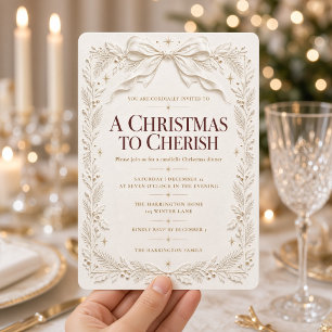 Elegant Ivory Bow Greenery Christmas Dinner Invitation