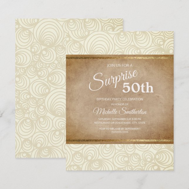Elegant Ivory Brown Gold 50th Birthday Party Invitation (Front/Back)
