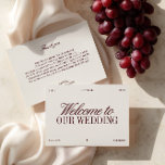 Elegant Ivory & Burgundy Wedding Welcome Card<br><div class="desc">Greet your guests in style with this elegant ivory and burgundy wedding welcome card. Featuring a clean ivory background paired with refined serif and flowing script typography in a deep wine-red hue, this design creates a timeless and sophisticated first impression. Fully customisable — personalise with your wedding date, location, and...</div>