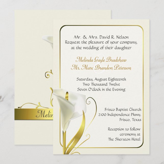 Elegant Ivory Calla Lily Wedding Invitation (Front/Back)