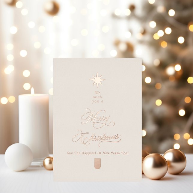 Elegant Ivory Calligraphy Christmas Tree Rose Gold Foil Holiday Card (Creator Uploaded)