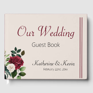 Elegant Ivory Cream Burgandy Floral Wedding Guest Book