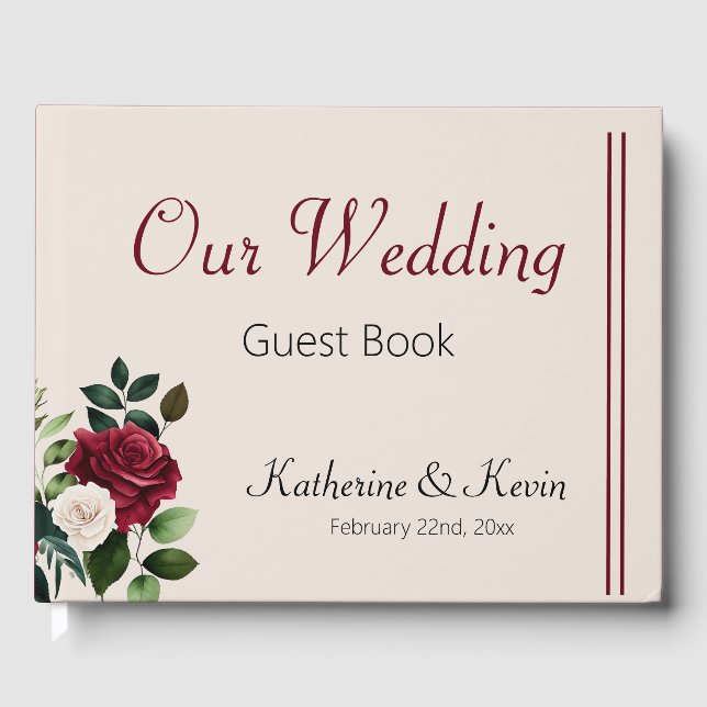 Elegant Ivory Cream Burgandy Floral Wedding Guest Book (Front)