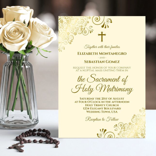 Elegant Ivory Cream & Gold Modern Catholic Wedding Invitation (Creator Uploaded)