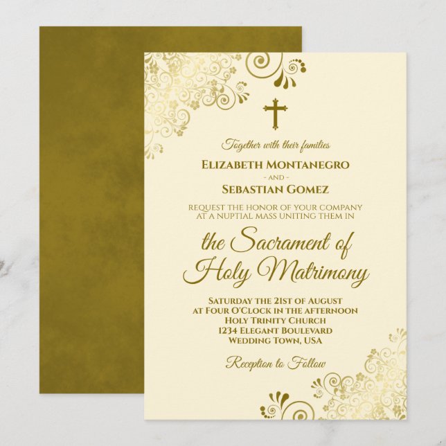 Elegant Ivory Cream & Gold Modern Catholic Wedding Invitation (Front/Back)