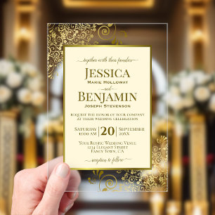 Elegant Ivory Cream & Gold Stylish Text Wedding Acrylic Invitations