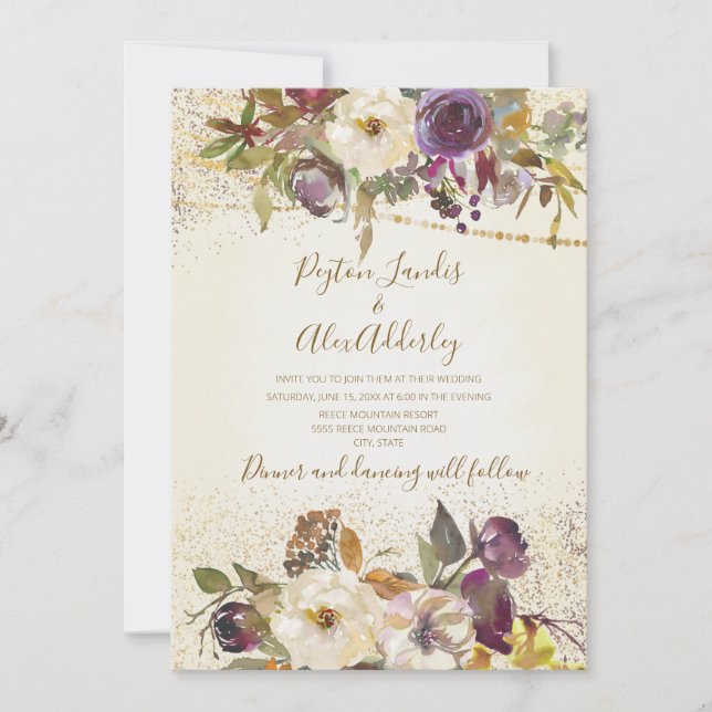 Elegant Ivory Cream Purple Floral Glitter Wedding Invitation (Front)