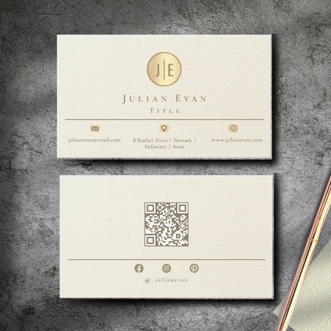 Elegant Ivory Creamy Gold Shiny Circle Monogram Business Card (Creator Uploaded)
