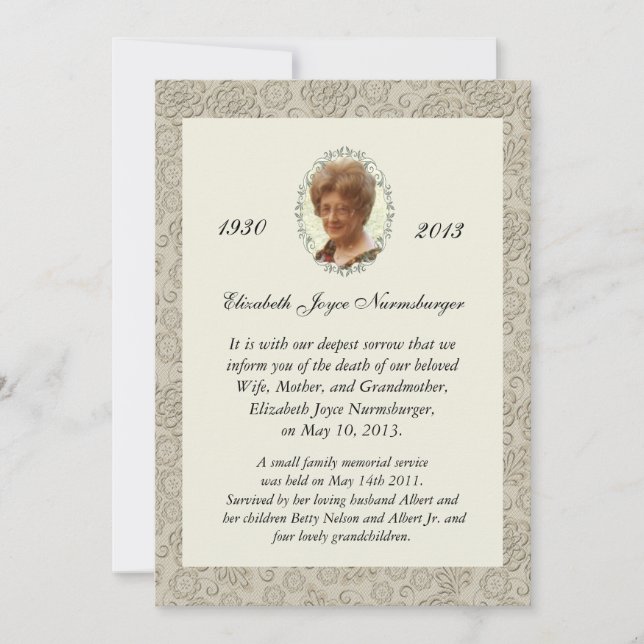 Elegant Ivory Damask Photo Death Announcement (Front)