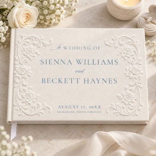 Elegant Ivory Dusty Blue Embossed Style Floral Guest Book