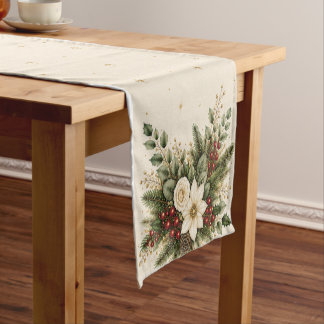 Elegant Ivory Evergreen Cranberry Christmas Botani Short Table Runner