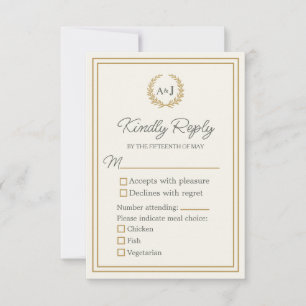 Elegant Ivory Faux Gold 3 Meal Choices Wedding  RSVP Card